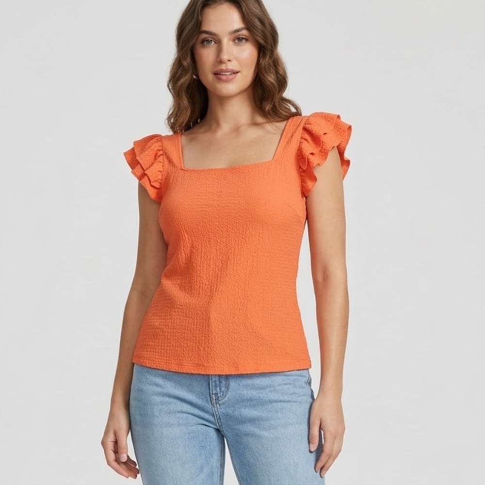 SHEIN NWOT Vibrant Orange Ruffle Sleeve Blouse Stretchy Comfy